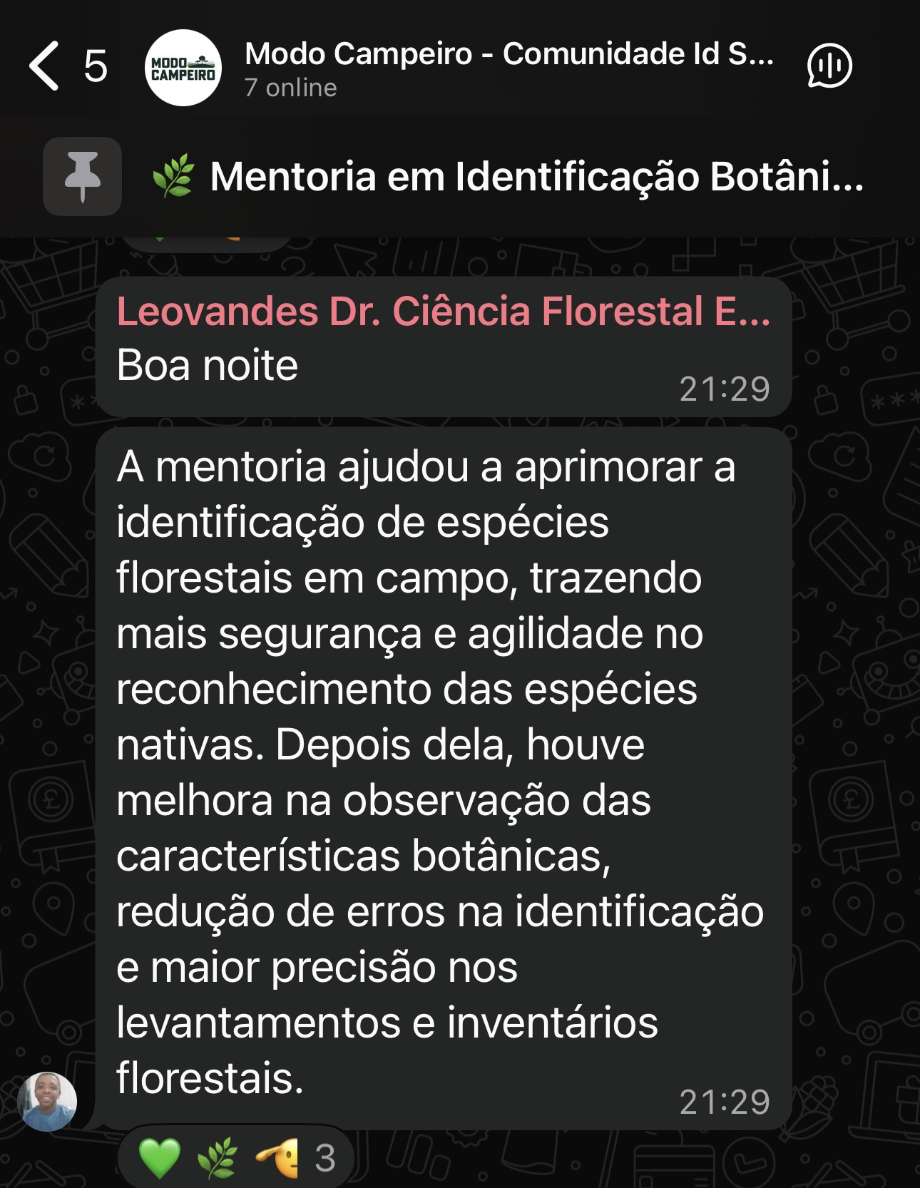Print de feedback positivo de aluno da Id. Species