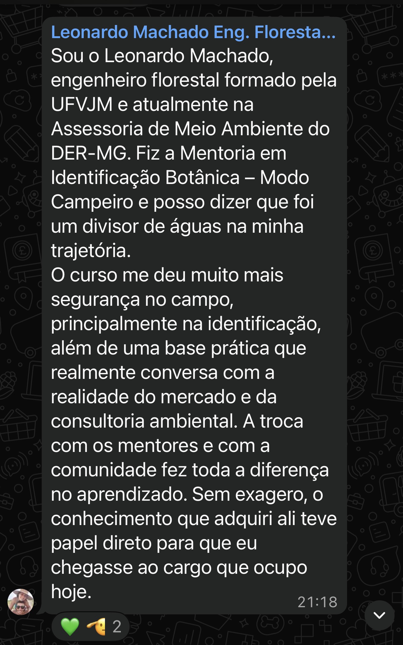 Print de feedback positivo de profissional da área ambiental